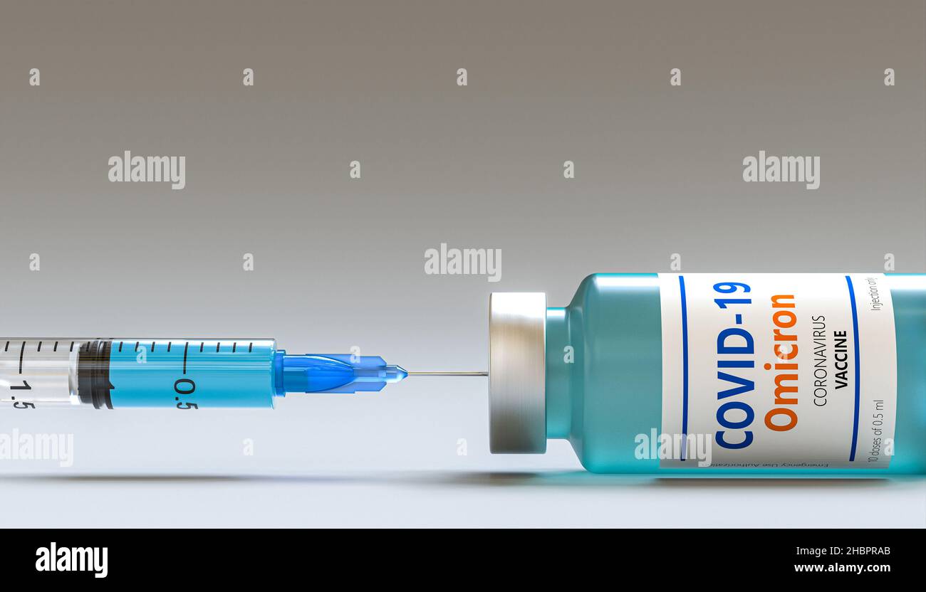 Spritze und Fläschchen mit Impfstoff gegen die omicron-Variante von Covid-19. 3D Rendern Stockfoto