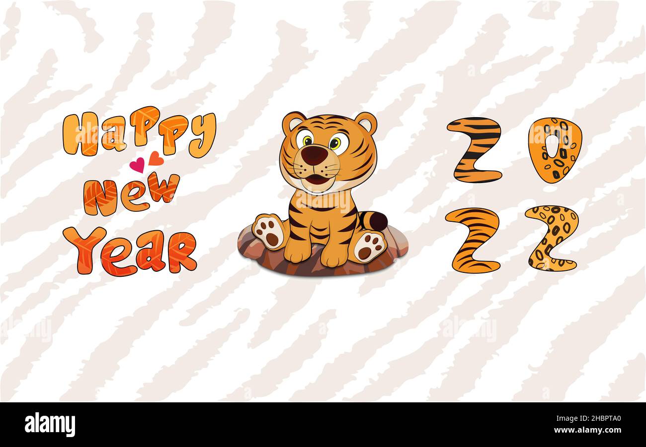 Ein Vektor, Illustration eines jungen bengalischen Tigers, gelb-orange mit schwarzem Muster, sitzend auf dem braunen Felsen mit Text glückliches neues Jahr 2022 Stock Vektor