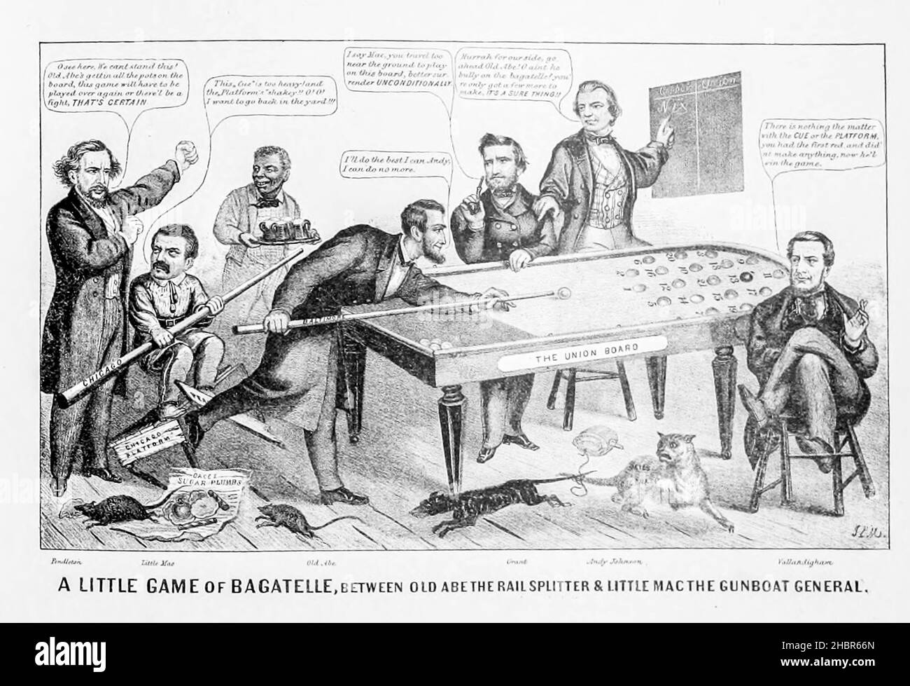 A Little Game of Bagatelle Between Old Abe the Rail Splitter and Little Mac the Gunboat General aus einer Sammlung von Karikaturen zum Bürgerkrieg, die 1892 auf Heavy Plate Paper veröffentlicht wurde Stockfoto