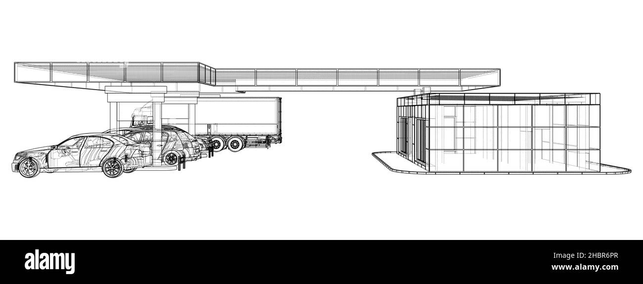 Elektroauto-Ladestation mit Autos und LKW Stockfoto