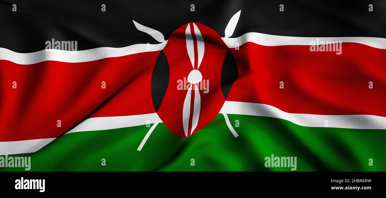 Konzept der winkenden Flagge. Nationalflagge der Republik Kenia. Winkender Hintergrund. 3D Rendern. Stockfoto