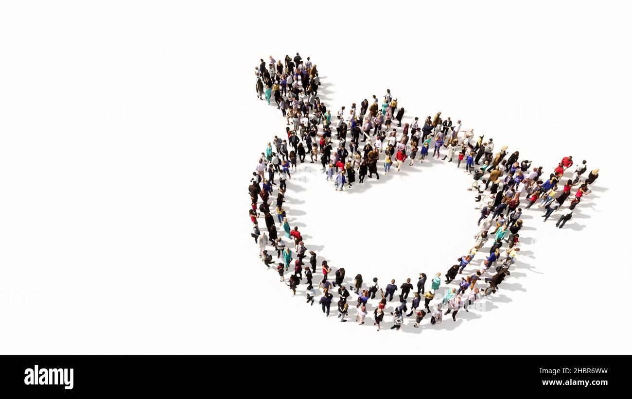 Konzept konzeptuelle große Gemeinschaft von Menschen bilden die Rollstuhl Zeichen. 3D Illustration Metapher für Rehabilitation, Assistenz, Zugänglichkeit Stockfoto