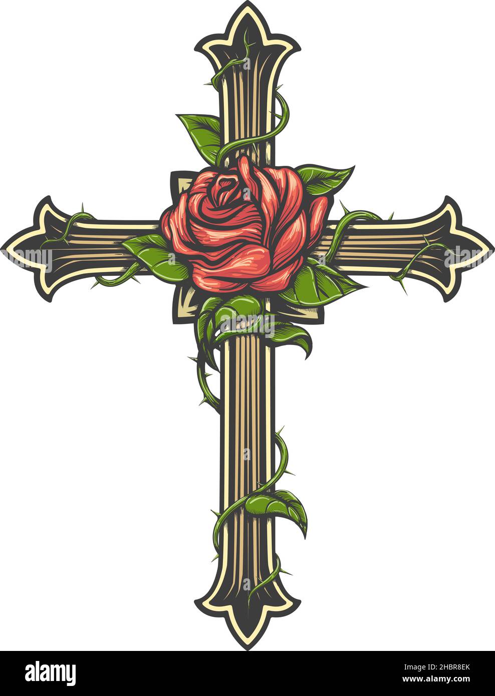 Tattoo of Cross mit Rose Blume in Gravur-Stil gezeichnet. Vektorgrafik Stock Vektor