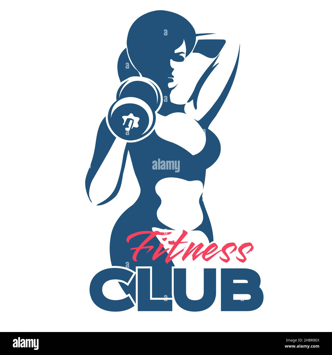 Logo oder Emblem des Fitnessclubs mit einer athletischen Frau. Frau hält Hantel. Isoliert auf weißem Hintergrund. Stock Vektor