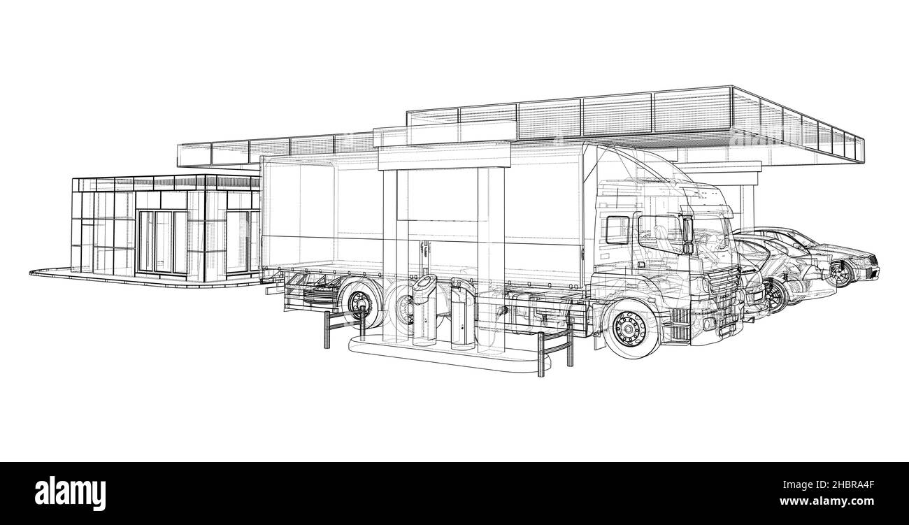Elektroauto-Ladestation mit Autos und LKW Stockfoto