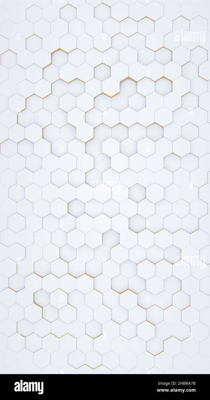 Hexagon weiß und Gold Hintergrund. Wabenkonzept. 3D Abbildung. Vertikale Größe. Stockfoto