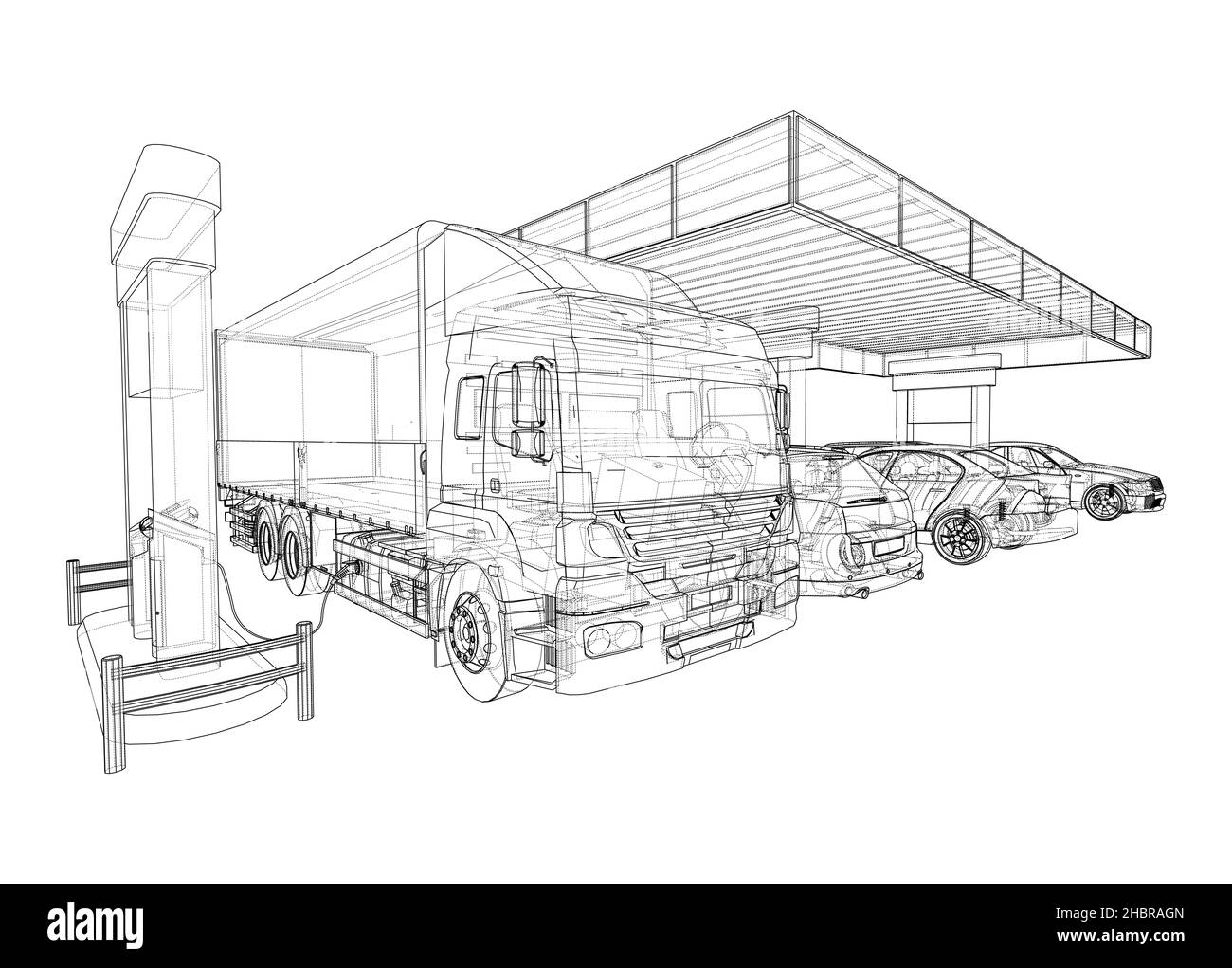 Elektroauto-Ladestation mit Autos und LKW Stockfoto