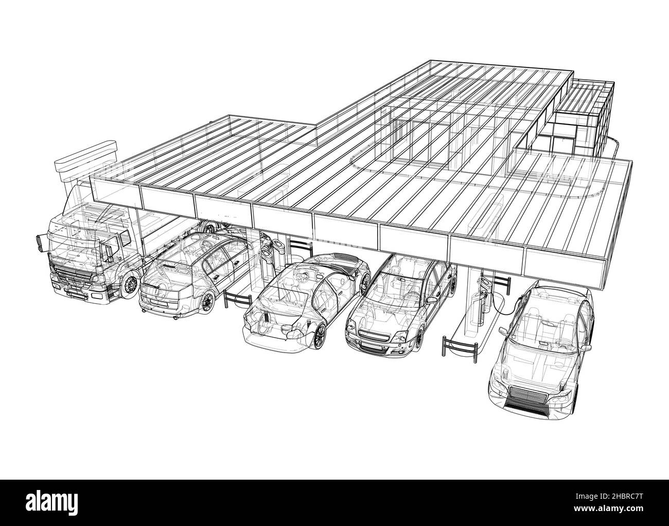 Elektroauto-Ladestation mit Autos und LKW Stockfoto