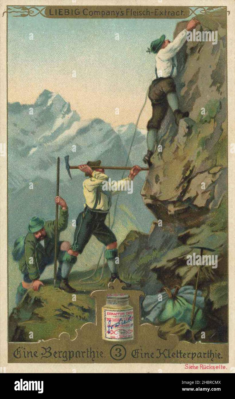 Serie eine Bergpartie, eine Kletterpartie / Serie A Mountain Party, a Climbing Party, Liebigbild, digital verbesserte Reproduktion eines Sammelbildes der Firma Liebig, geschätzt ab 1900, pd / digital restaurierte Reproduktion eines Sammelbildes von ca 1900, gemeinfrei, genau Datum unbekannt Stockfoto