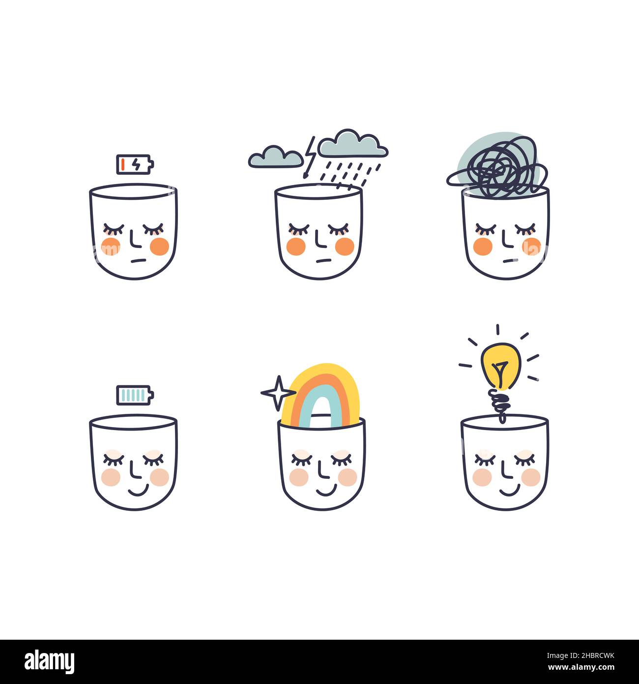 Vektor-Doodle-Köpfe symbolisieren psychologische Probleme. Psychische Gesundheit Glück, gute Laune und positives Denken. Psychologischer Zustand vor und nach Stock Vektor