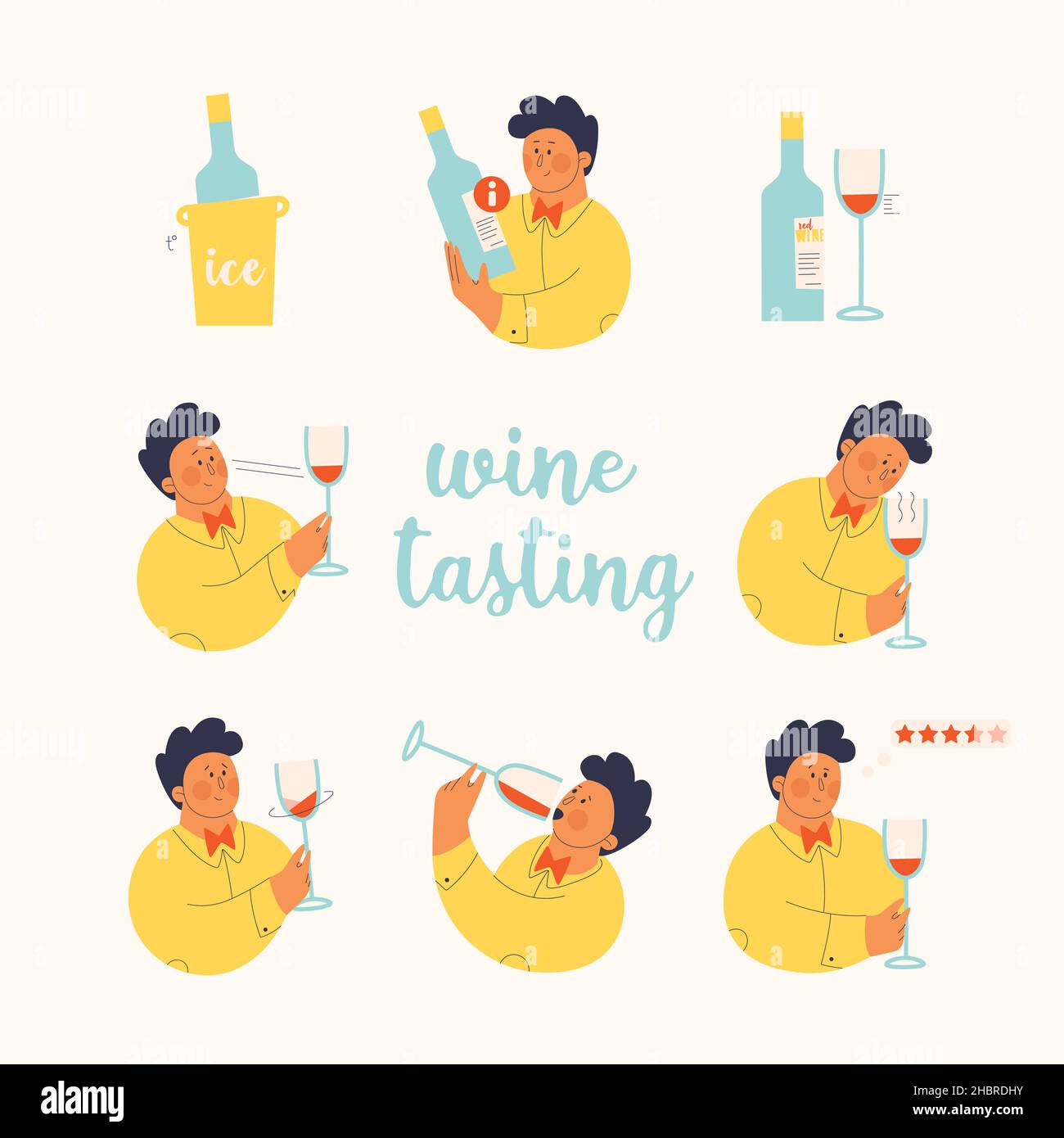 Set von Vektor-niedlichen Illustrationen für Weinproben. Ein süßer Mann untersucht den Wein auf Geschmack, Getränk, Wirbel, Aroma. Isolierte Objekte für Design und Stock Vektor