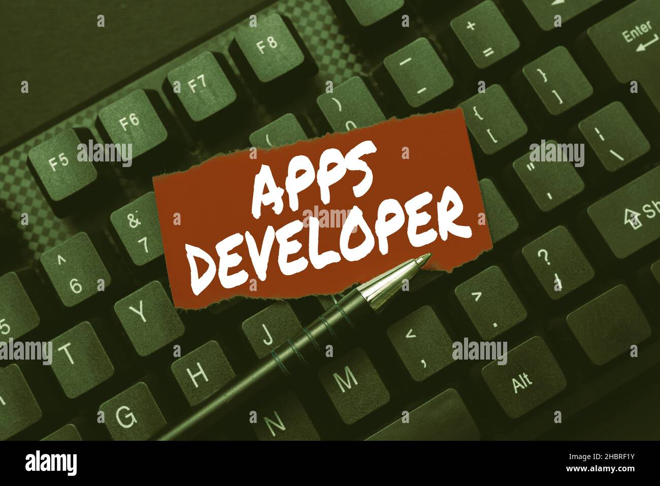 Textunterschrift mit Darstellung von Apps Developer. Geschäftsidee Grafiker Software Programmierer und Analyst Experten Eingabe neuer Produktschlüsselkonzept, Eingabe Stockfoto