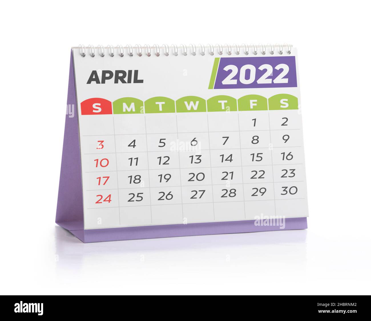 April White Office Kalender 2022 isoliert auf Weiß Stockfoto
