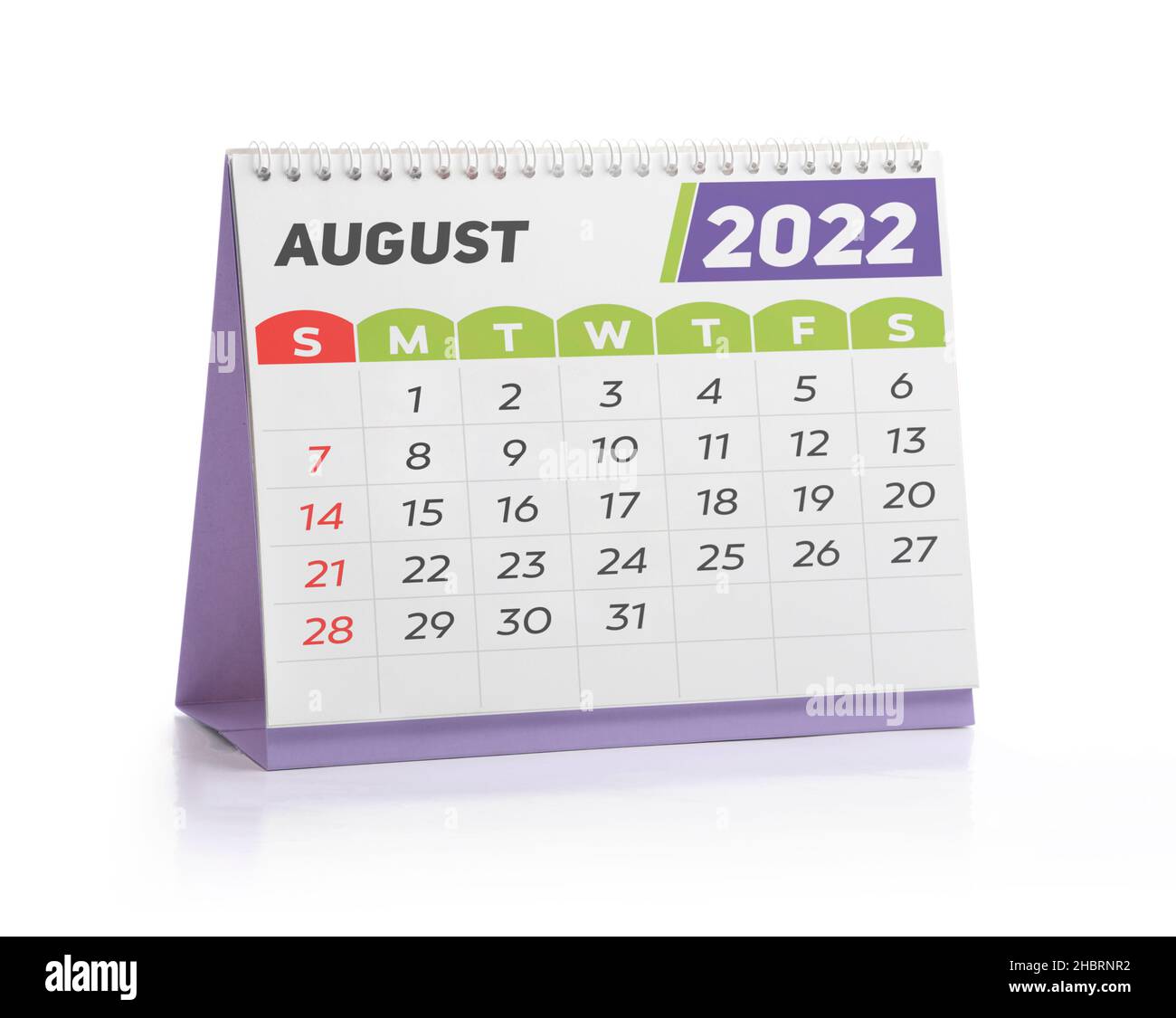August White Office Kalender 2022 isoliert auf Weiß Stockfoto