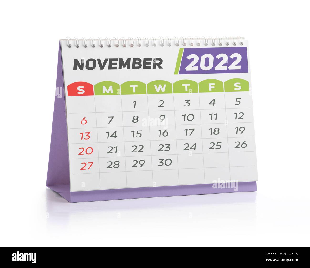 November White Office Kalender 2022 isoliert auf Weiß Stockfoto