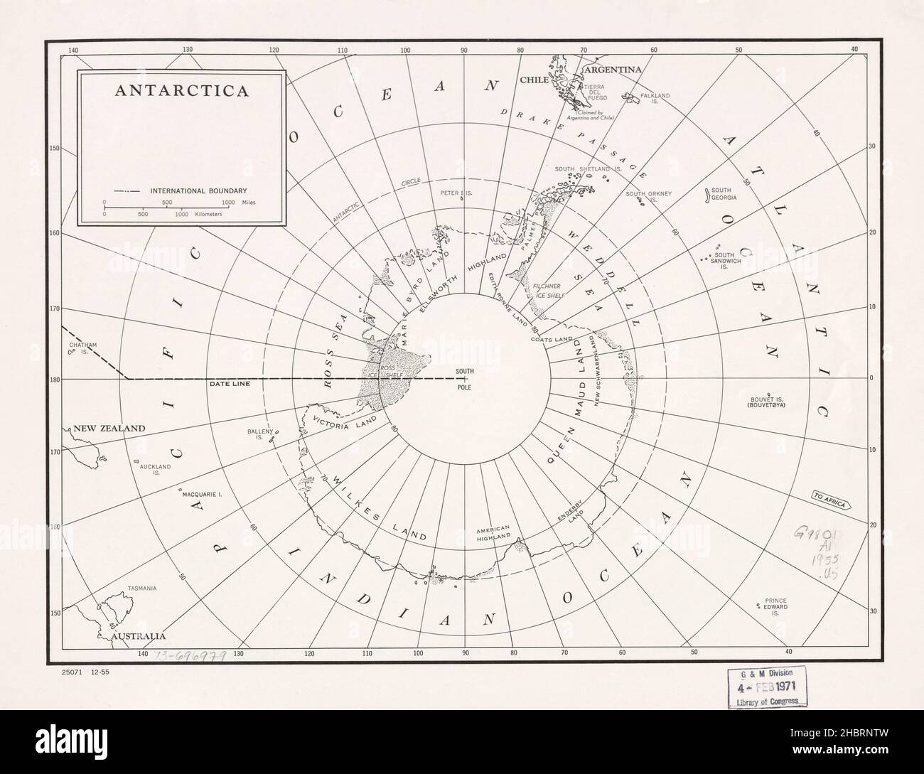 Karte der Antarktis ca. 1955 Stockfoto
