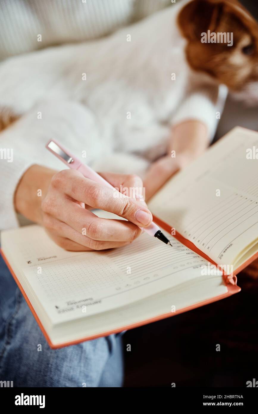 Frau, die zu Hause mit ihrem Hund arbeitet. Weibliche Hand schreiben Notizen in Notizbuch Stockfoto
