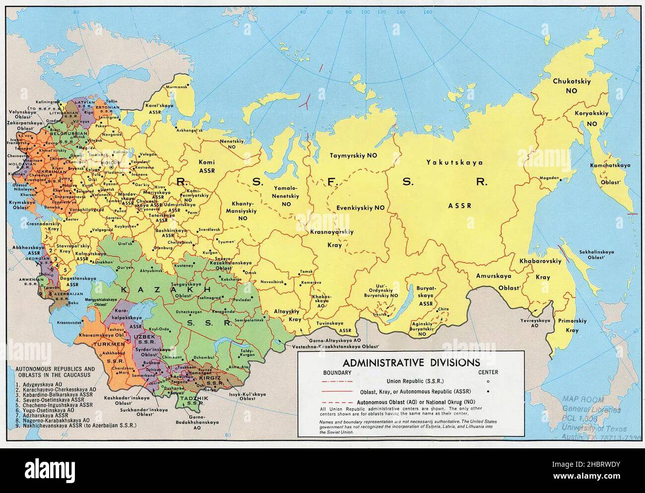 Karte der Verwaltungsdivisionen der Sowjetunion, 1974 Stockfoto