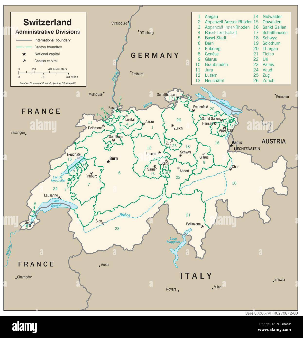 Karte der Verwaltungsabteilungen der Schweiz, 2000 Stockfoto