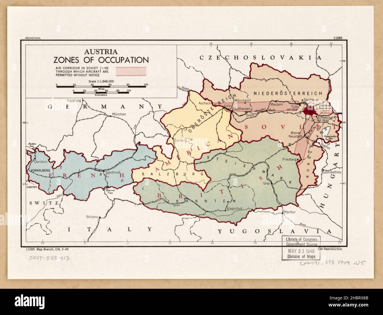 Karte von Österreich Besatzungszonen ca. 1949 Stockfoto