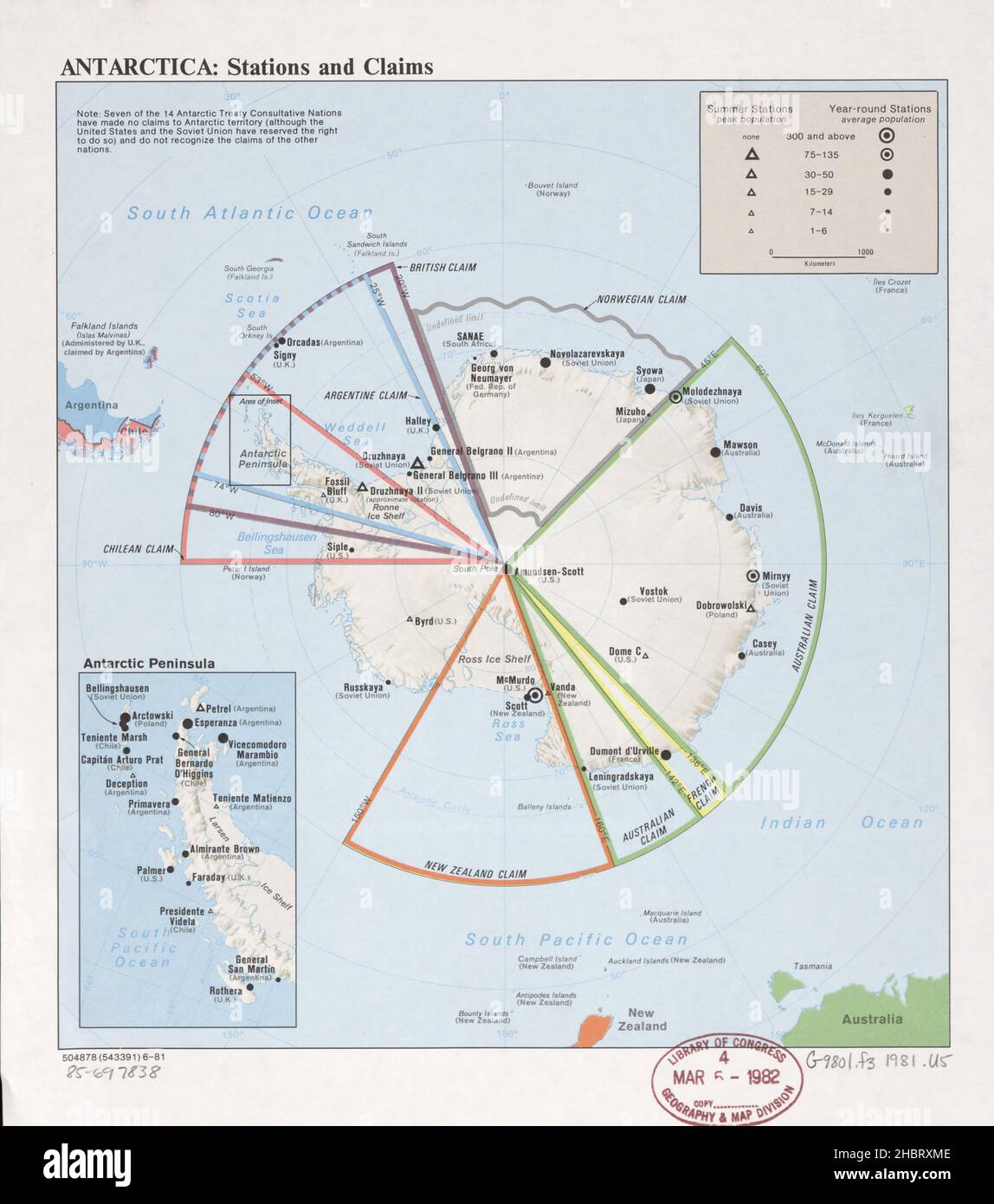 Karte der Antarktischen Stationen und Claims ca. 1981 Stockfoto