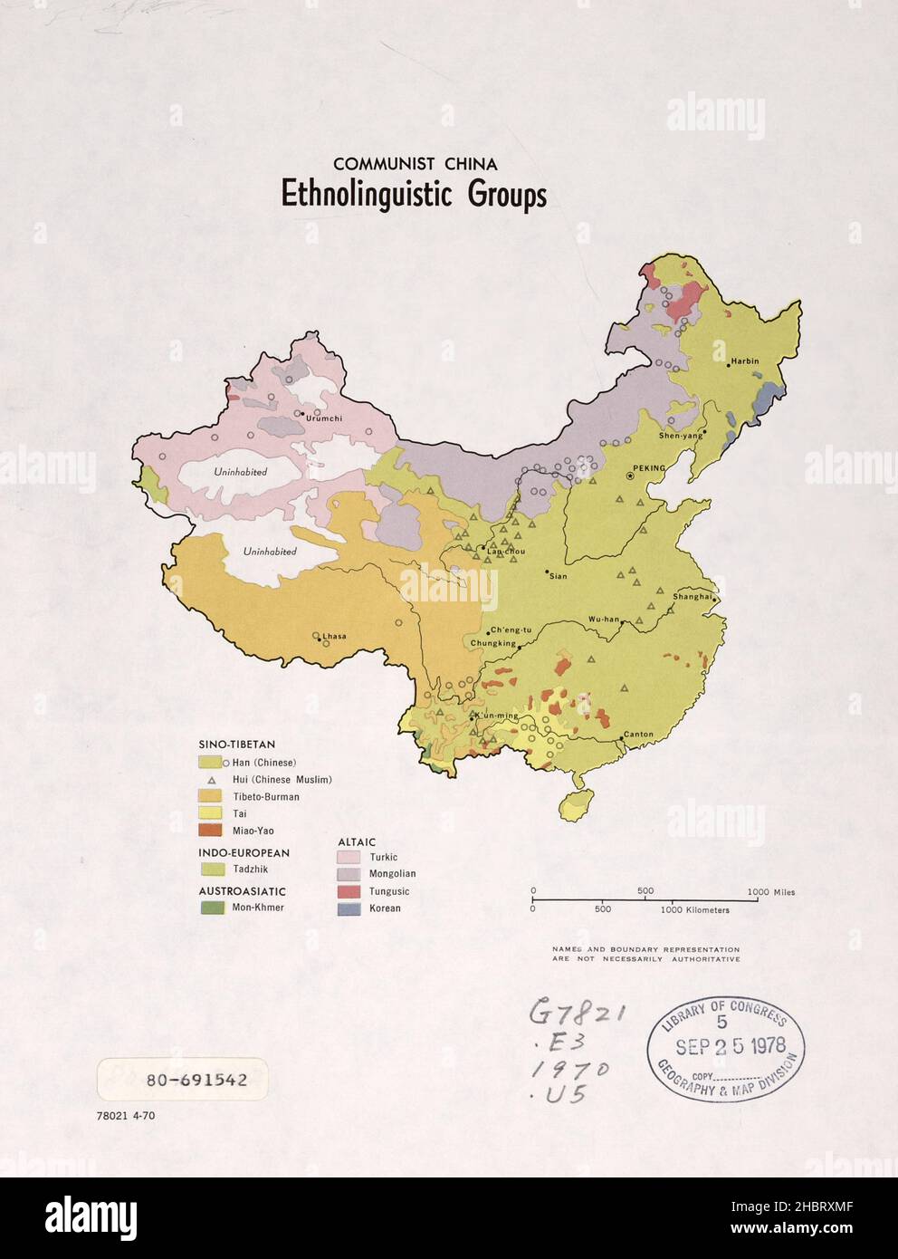 Die ethnologischen Gruppen des kommunistischen China bilden die Karte Ca. 1970 Stockfoto