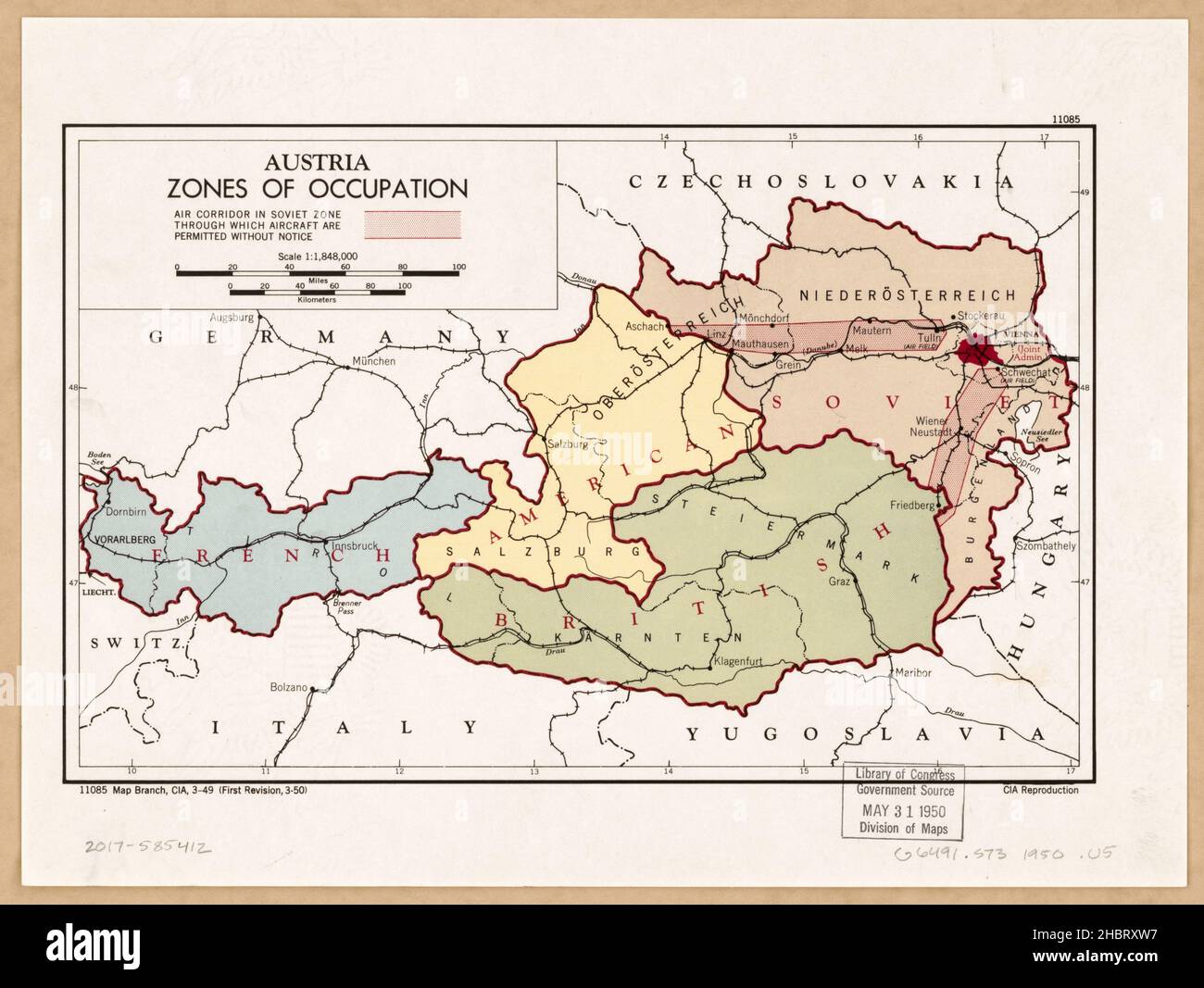 Österreich Besatzungszonen Karte ca. 1950 Stockfoto