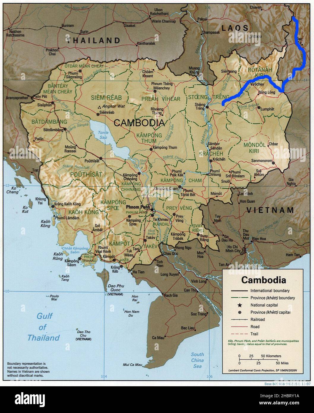 Karte des Flusses Tonle San in den Provinzen Gia Lai und Kon TUM in Kambodscha. Nebenfluss des Mekong. Ca. 26. April 2008 Stockfoto