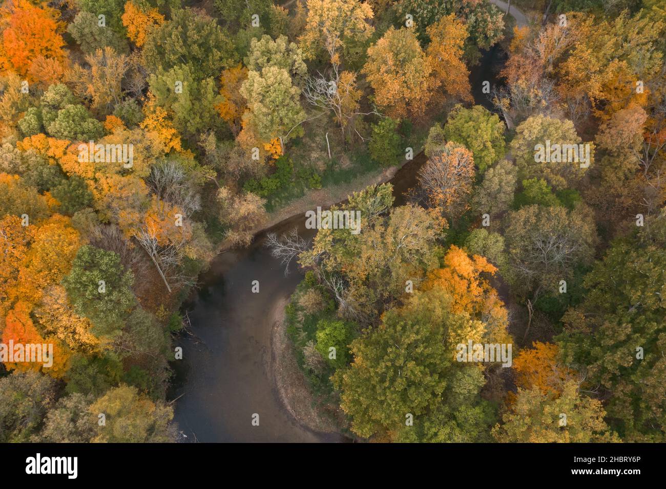 Der Clinton River schlängelt sich durch Herbstbäume im Südosten von Michigan, USA Stockfoto