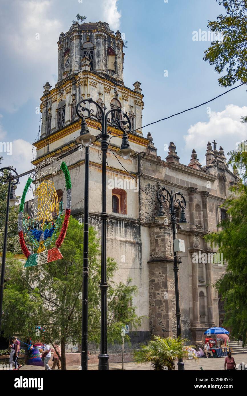 Pfarrei San Juan Bautista auf dem Hidalgo-Platz in Coyoacan, Mexiko-Stadt Stockfoto