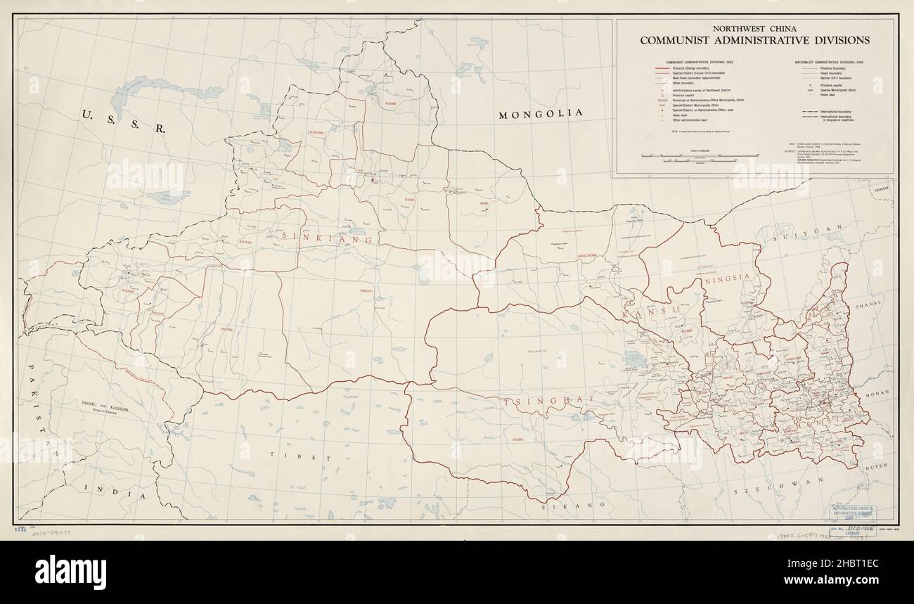 Karte der kommunistischen Verwaltungsdivisionen im Nordwesten Chinas ca. 1952 Stockfoto