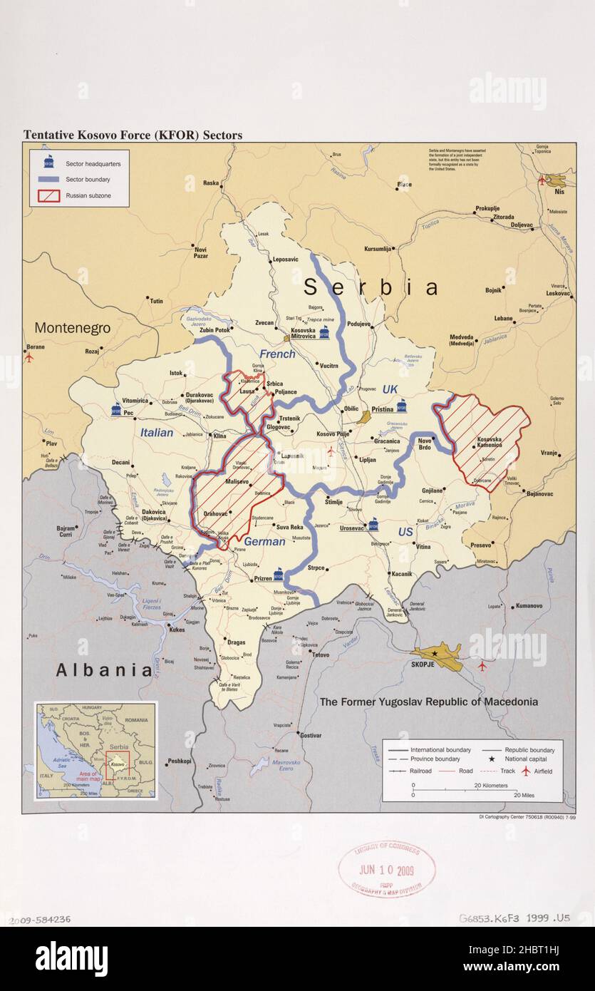Tentative Kosovo Force (KFOR) Sektorkarte - zeigt Gebiete unter Kontrolle der 5 NATO-Friedenstruppen der Kosovo Force. Ca. 1999 Stockfoto
