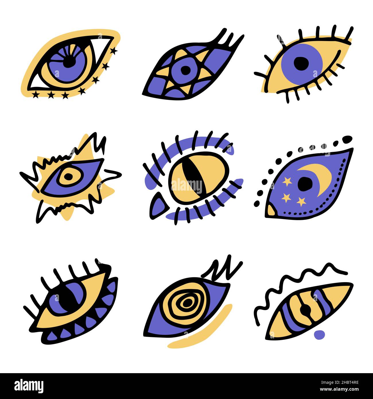 Set von Farbe boho Hand gezeichnet Magie böse Doodle Augen. Sammlung von esoterischen Auge verschiedenen Formen, Katzenauge, Spirale, Sterne, Mondelemente Vektor-Illustration Stock Vektor