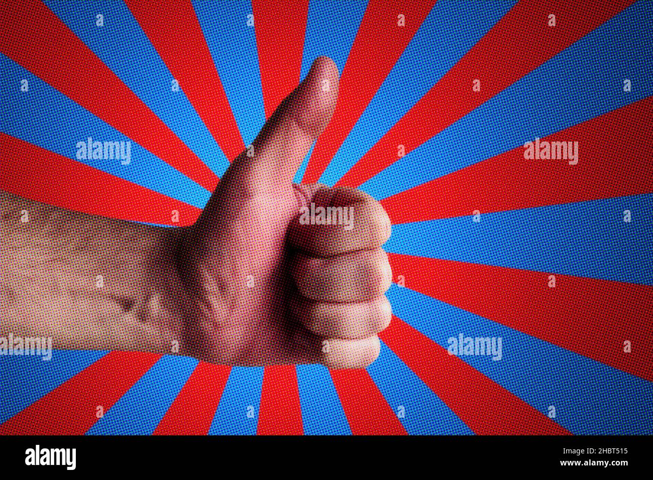 Cartoon männliche Hand tun einen Daumen nach oben Geste auf einem Strahl Hintergrund Stockfoto