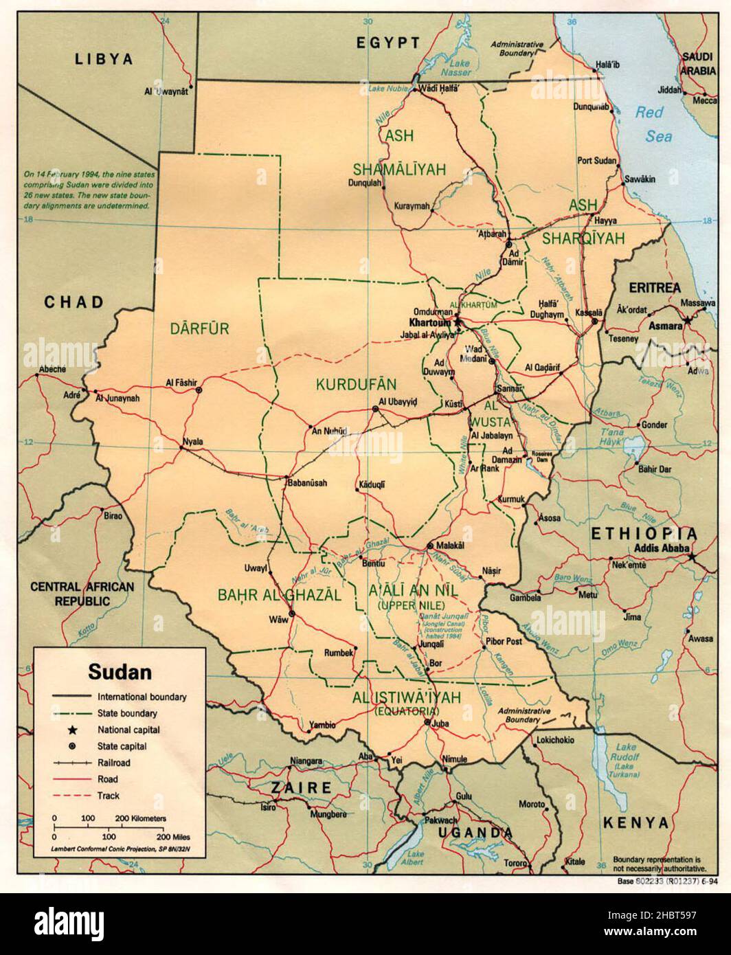 Karte der Verwaltungsdivisionen des Sudan, 1994 Stockfoto