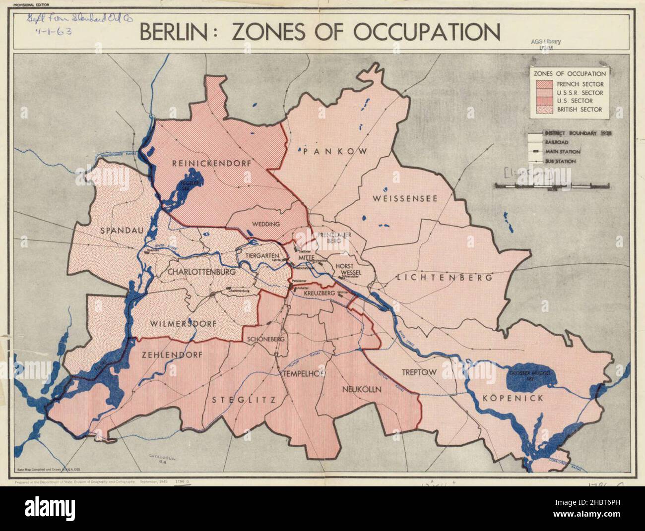 1945 Karte der Berliner Besatzungszonen Stockfoto