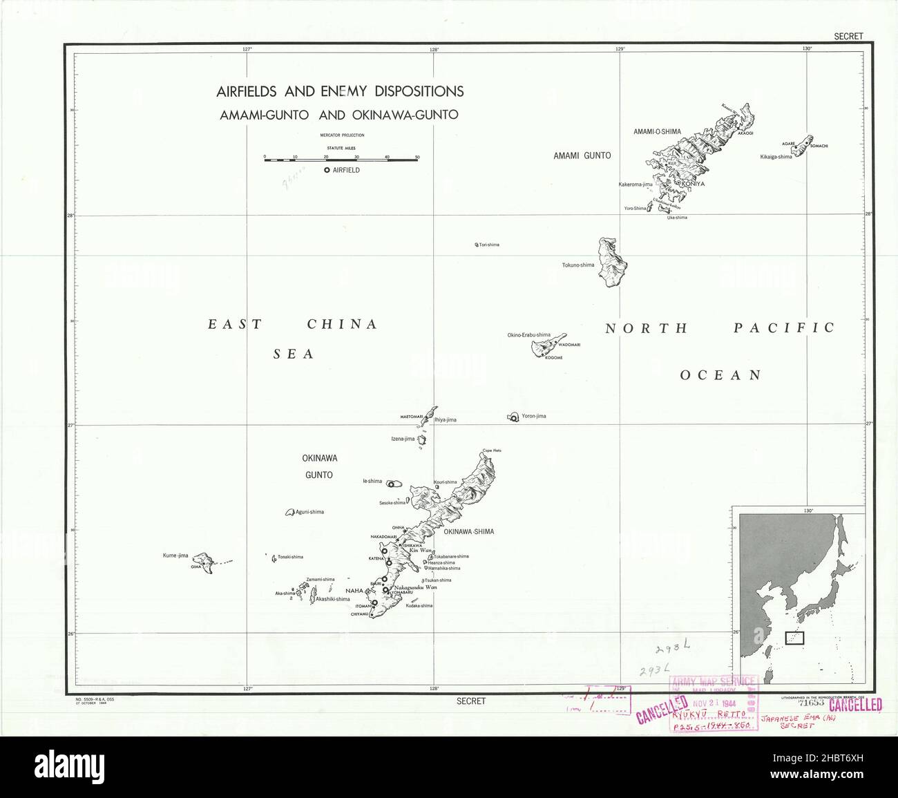 1944 Karte der gegnerischen Dispositionen von Okinawa Stockfoto