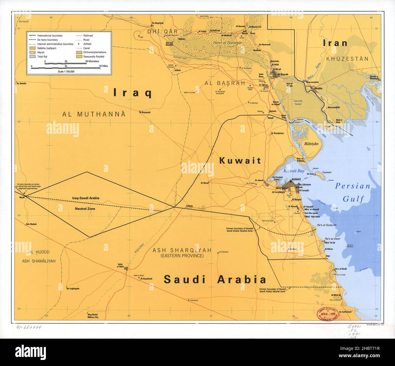 Karte zeigt neutrale Zonen zwischen Saudi-Arabien und Irak sowie zwischen Saudi-Arabien und Kuwait Ca. 1991 Stockfoto