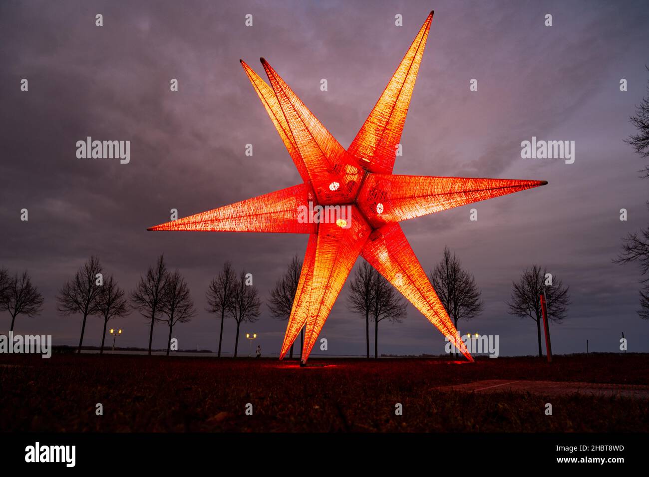Stralsund, Deutschland. 21st Dez 2021. Auf einer Wiese an der Sundpromenade steht eine etwa sieben Meter hohe Weihnachtssterne. Quelle: Stefan Sauer/dpa/Alamy Live News Stockfoto