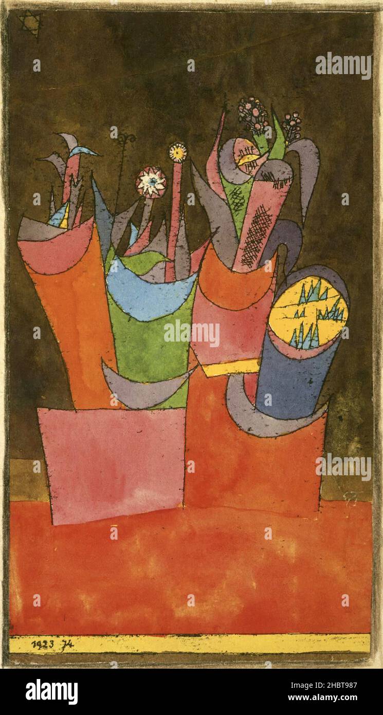 Blumen in Töpfen - 1923 - acquarello su litografia su carta, montato su tavola con bordi inscritti e dipinti dall'artista 24,4 x 13,3 cm - Klee Paul Stockfoto
