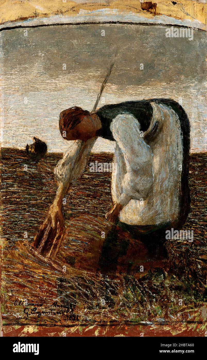 La raccolta del Fieno - 1891 - Öl auf Leinwand 56,7 x 35,3 cm - Segantini Giovanni Stockfoto