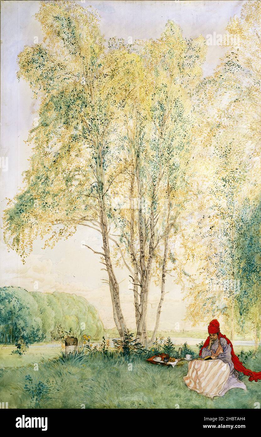 Unter den Birken - 1902 - acquisello auf Carta montato auf tela 98 x 63 cm - Larsson Carl Stockfoto