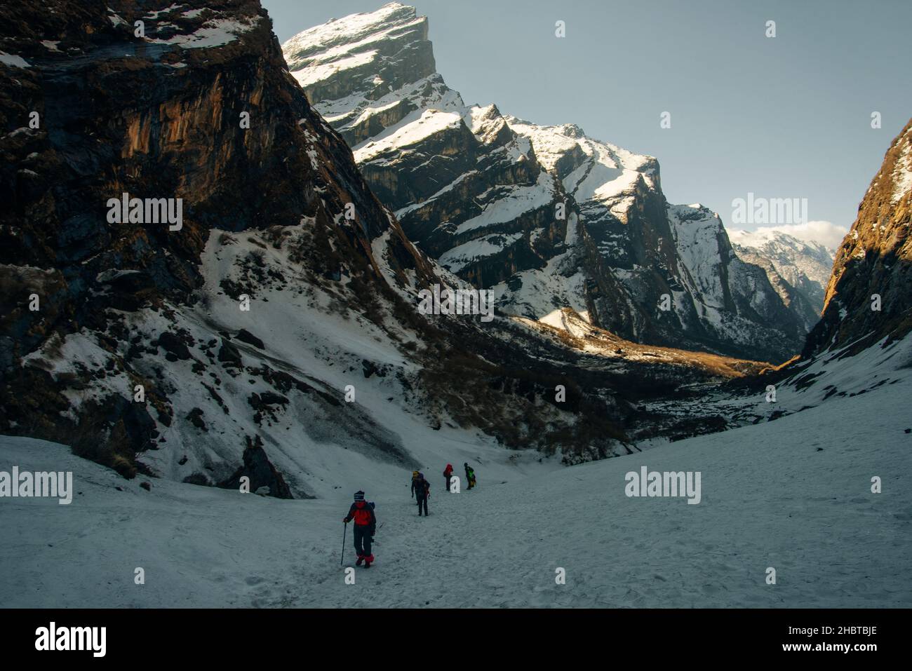 Wanderer auf dem Weg in die Himalaya-Berge. Wandern Sie um Annapurna. Hochwertige Fotos Stockfoto