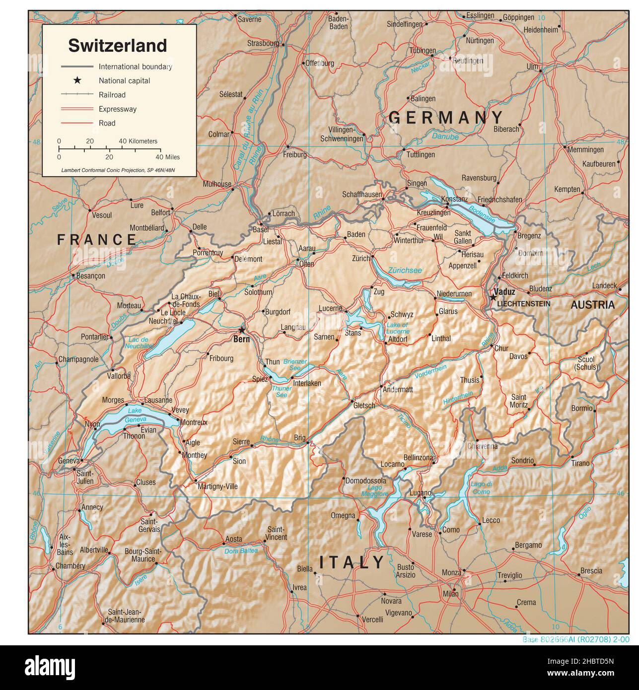 Topographische Karte der Schweiz (schattiertes Relief), 2000 Stockfoto