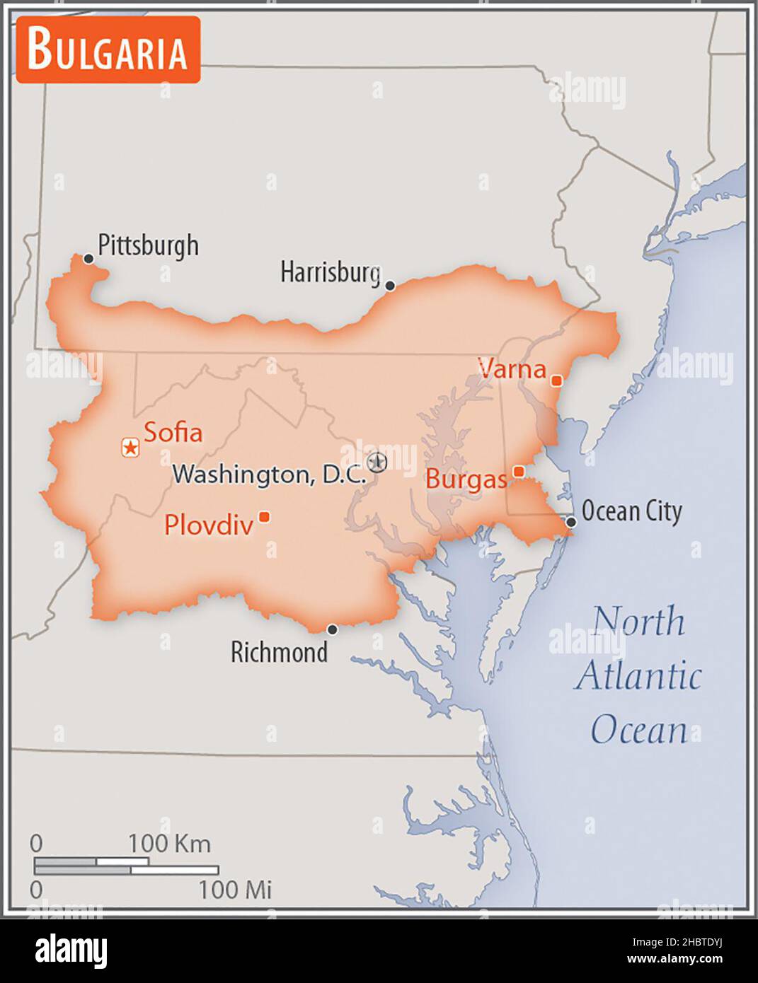 Karte von Bulgarien. Vergleich der Gebiete zweier Länder. Das Gebiet Bulgariens mit den größten Städten (rot) überlagern die Fläche der Vereinigten Staaten von Amerika (grauer Hintergrund) ca. 17. Februar 2017 Stockfoto