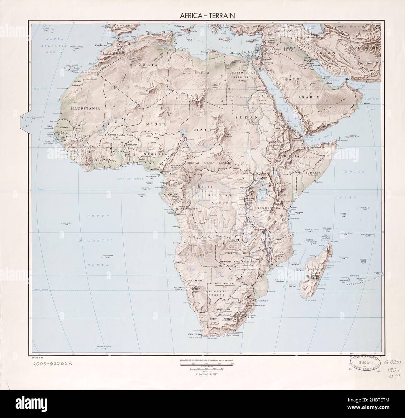 Reliefkarte von Afrika ca. 1959 Stockfoto