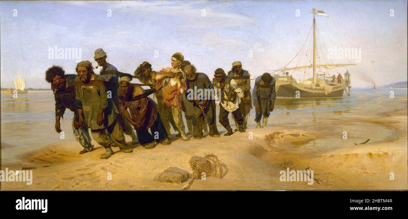 Lastkraftwagenfahrer auf der Wolga - 1870 73 - Öl auf Leinwand 131,5 x 281 cm - Repin Il'ja Efimovič Stockfoto