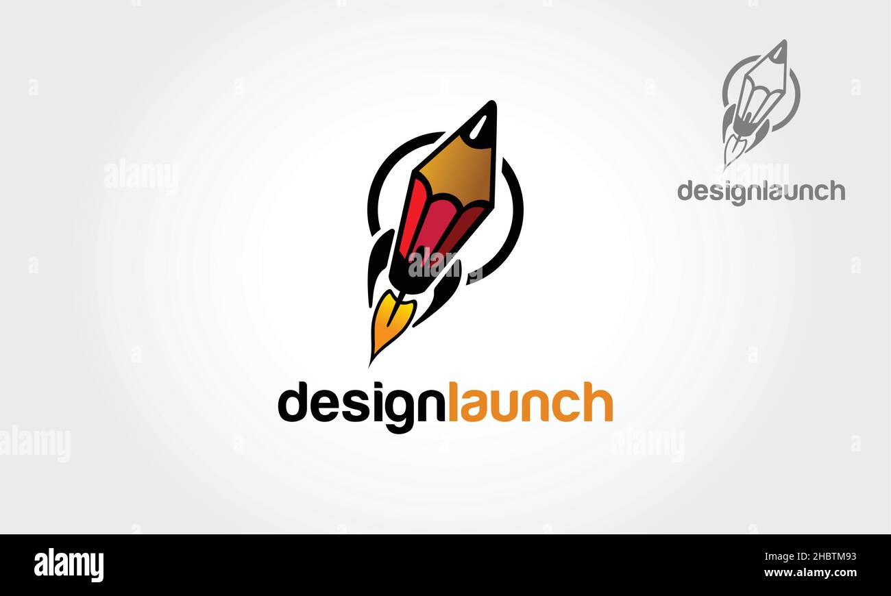 Design Launch Vector Logo Cartoon. Kreative Rakete im Kreis. Vorlage Für Vektorlogos. Isolierte Bleistift-Rakete Illustration. Stock Vektor