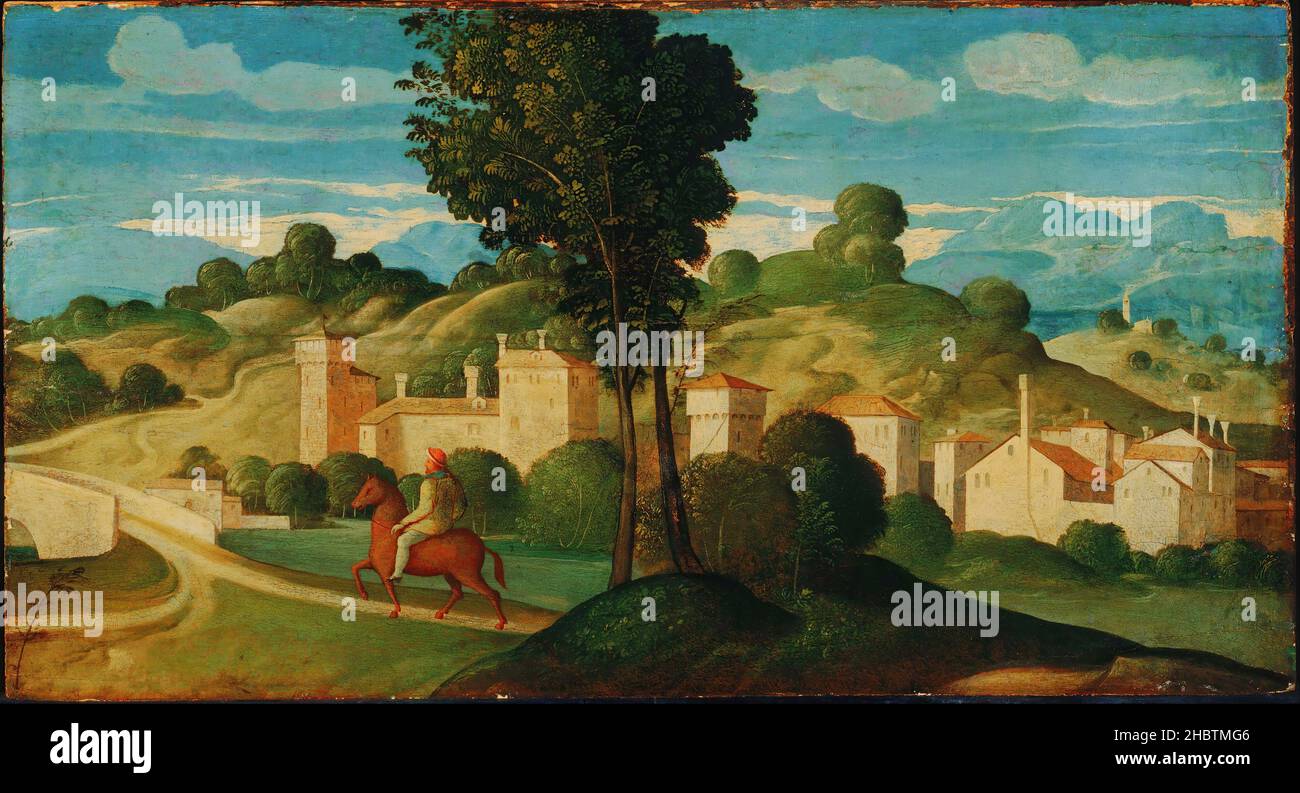 Girolamo Da Santa Croce - Landschaft mit Reiter Stockfoto