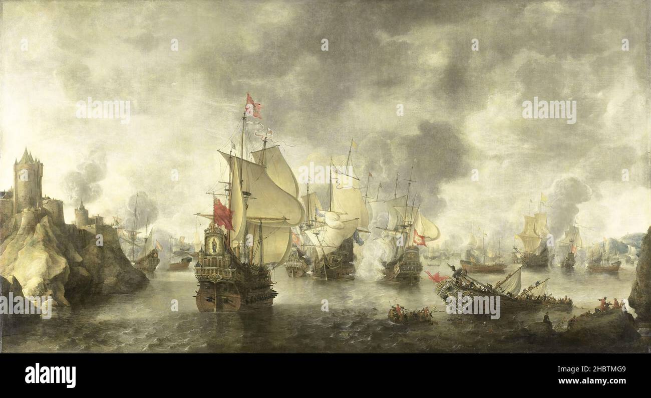 Battaglia delle flotte veneziane e olandesi unite contro i turchi nella baia di Foja, 1649 - 1656 - Öl auf Leinwand 151,5 x 276,5 cm - Beerstraten Abraham Stockfoto